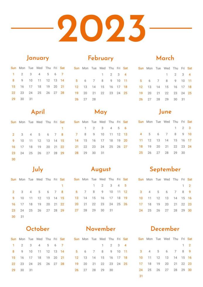 plantilla de calendario vertical de pared mensual 2023 en estilo minimalista moderno, concepto de portada, diseño de planificador de calendario mínimo 2023 para plantilla de impresión en naranja vector