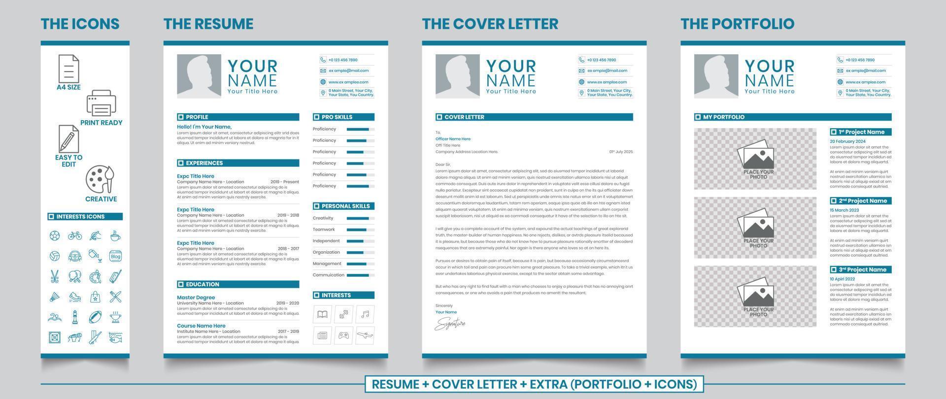 Clean Resume CV Template with Cover Letter and Portfolio vector