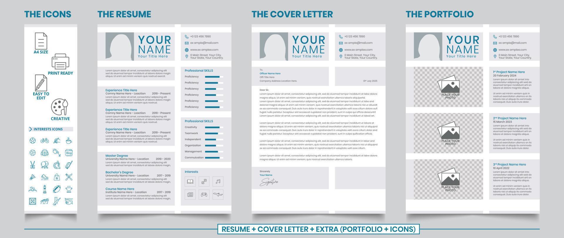 plantilla de cv de currículum limpio con carta de presentación y cartera vector