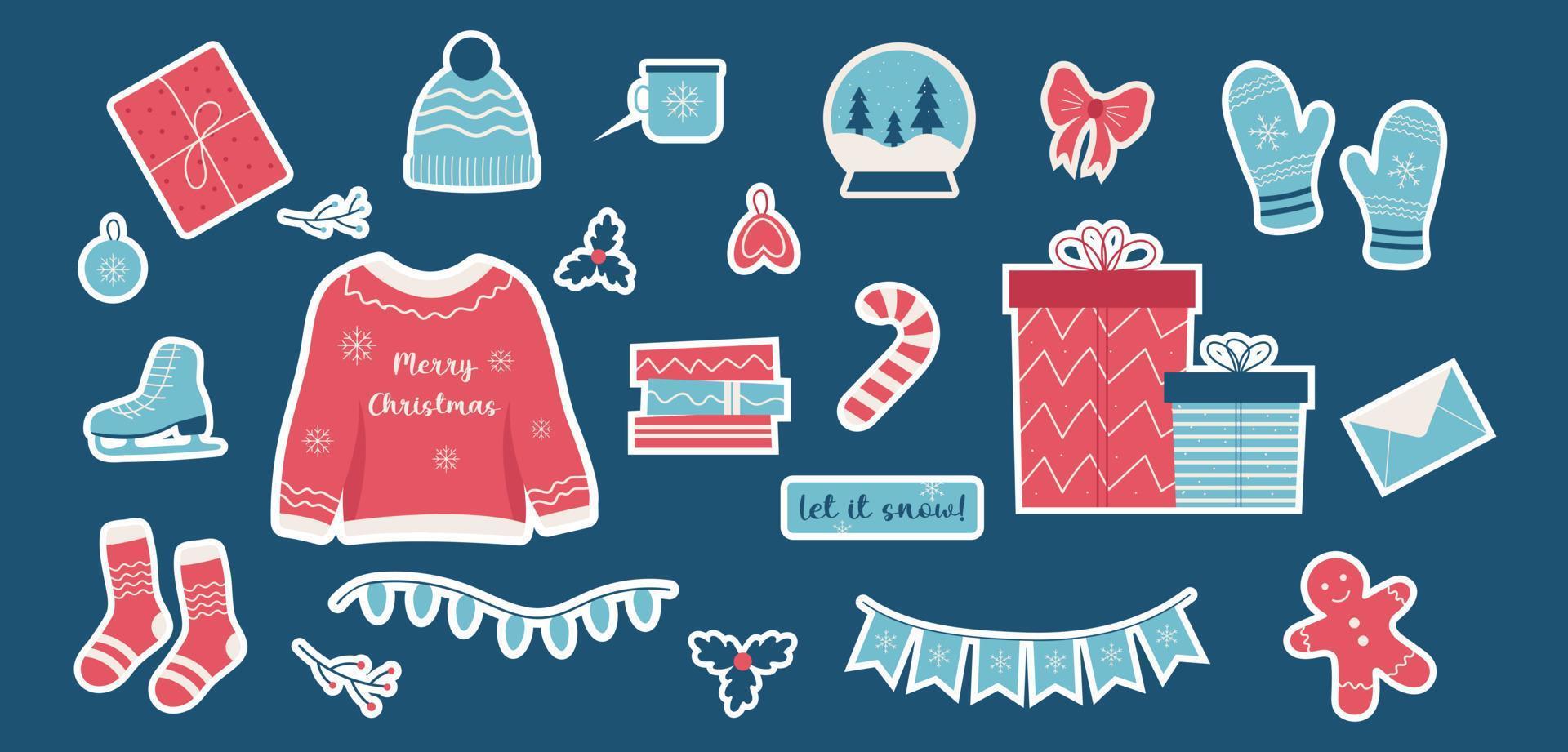 lindo conjunto vectorial de pegatinas navideñas hygge, ilustración linda de invierno y elementos hygge navideños. vector