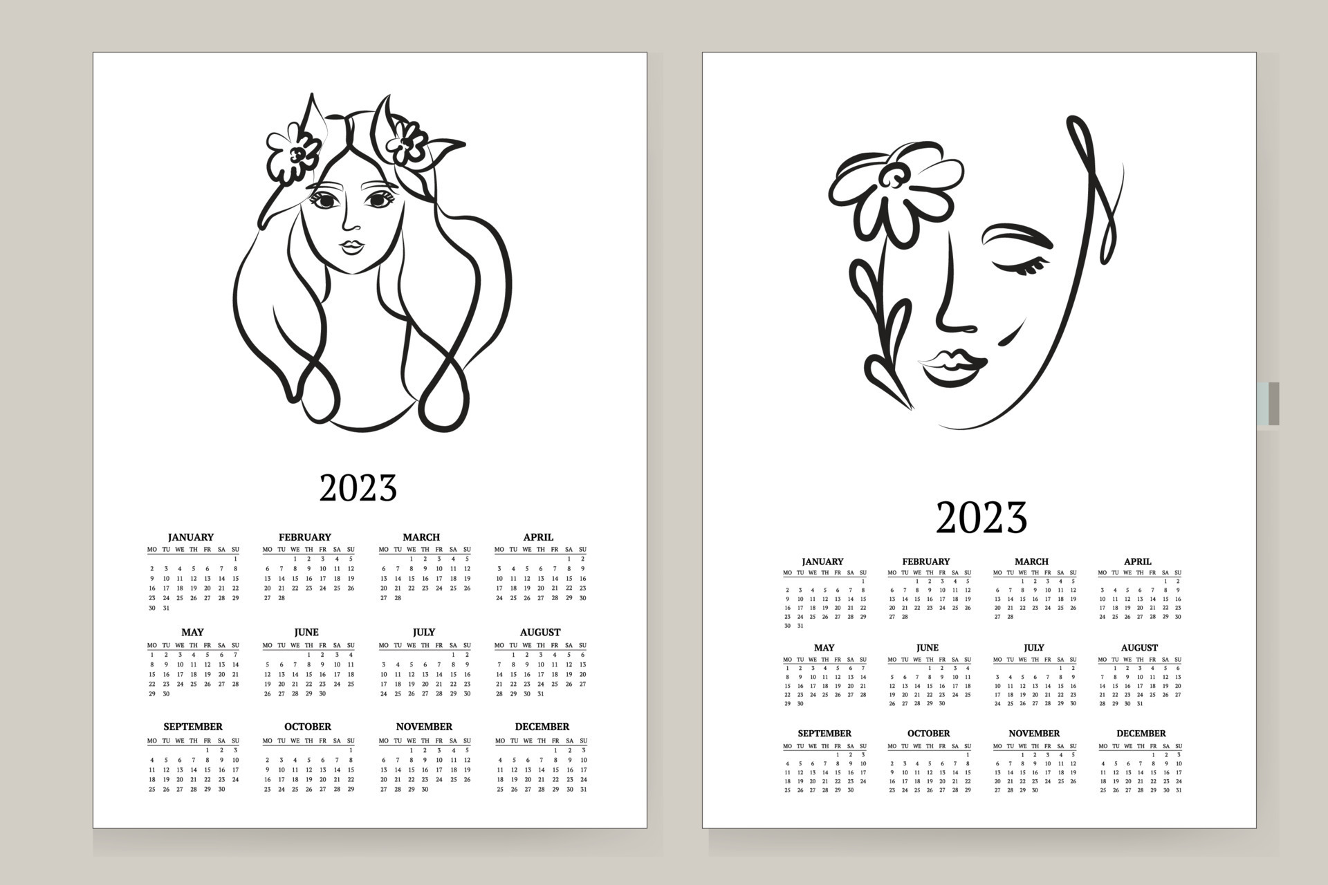 Wall calendar 2023 year. Minimal contemporary art calendar planner