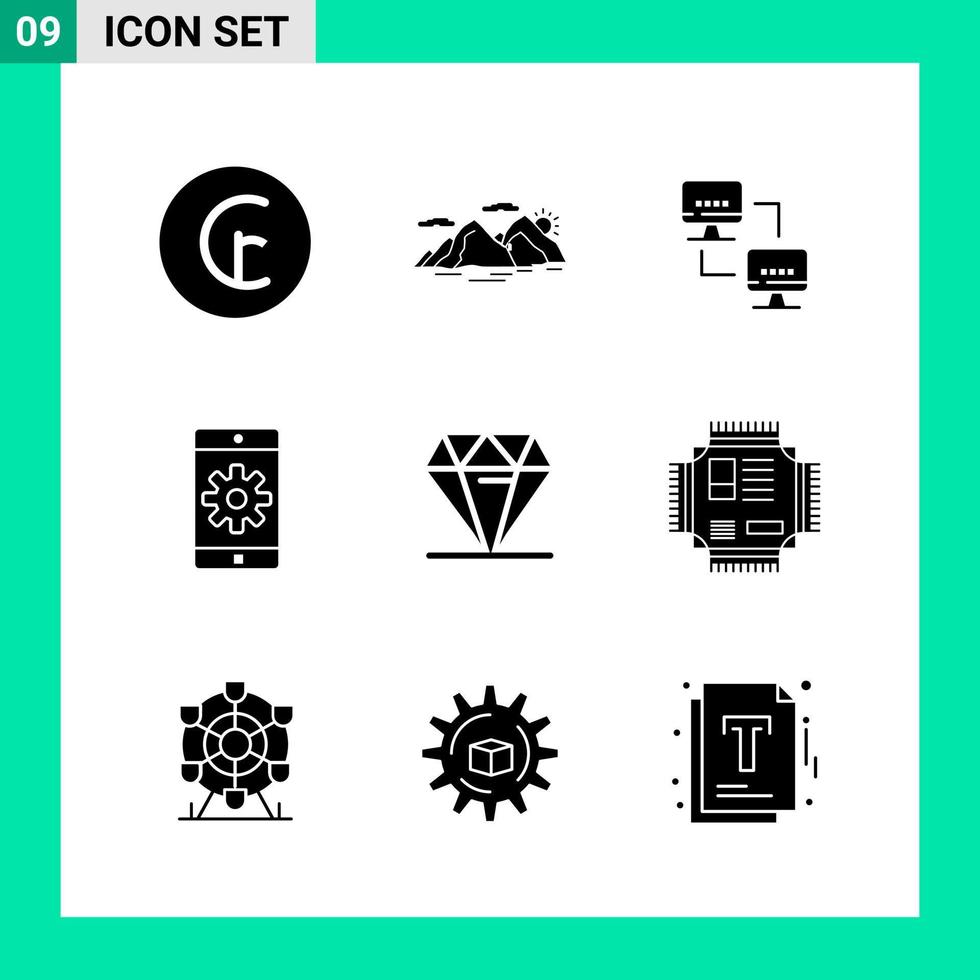 paquete de 9 símbolos de glifo de conjunto de iconos de estilo sólido para imprimir signos creativos aislados en fondo blanco 9 conjunto de iconos vector