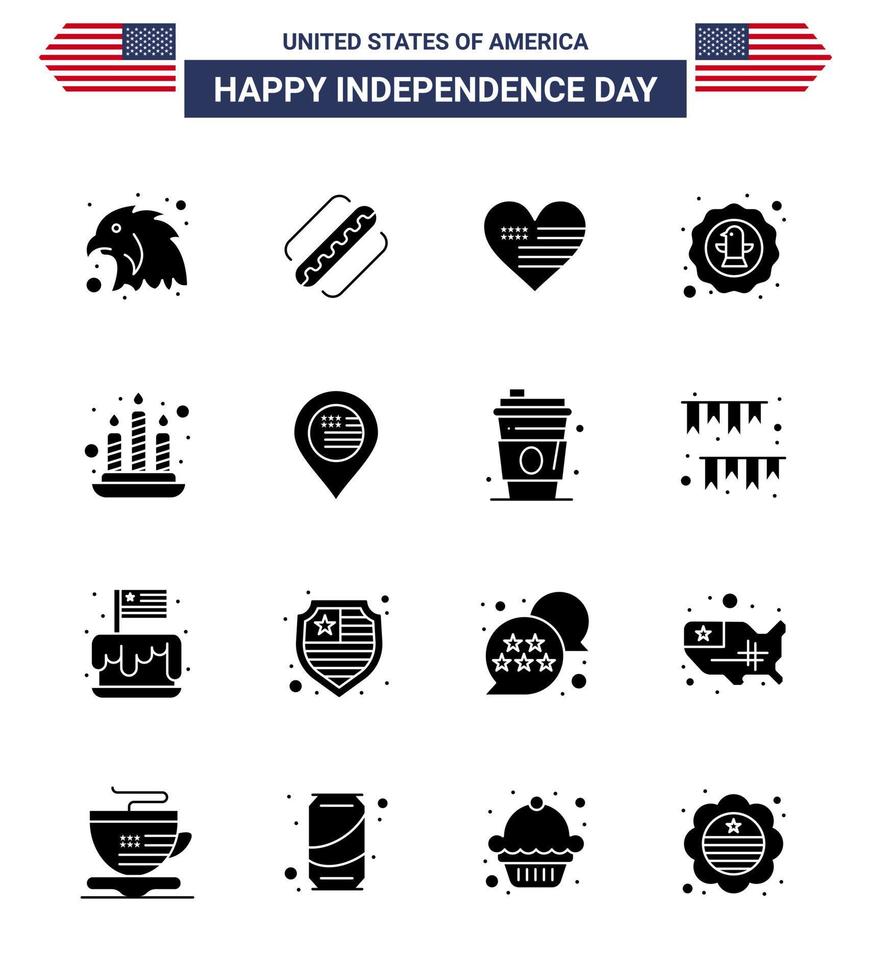 Group of 16 Solid Glyphs Set for Independence day of United States of America such as fire badge love eagle bird Editable USA Day Vector Design Elements