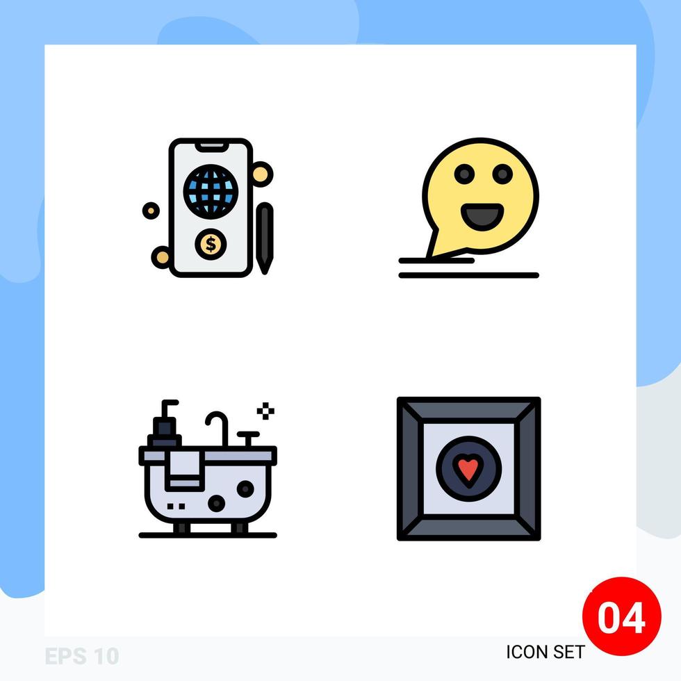 User Interface Pack of 4 Basic Filledline Flat Colors of mobile bath bubble happy box Editable Vector Design Elements