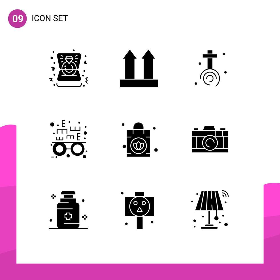Pack of 9 creative Solid Glyphs of purse handbag celebration optical eye test Editable Vector Design Elements