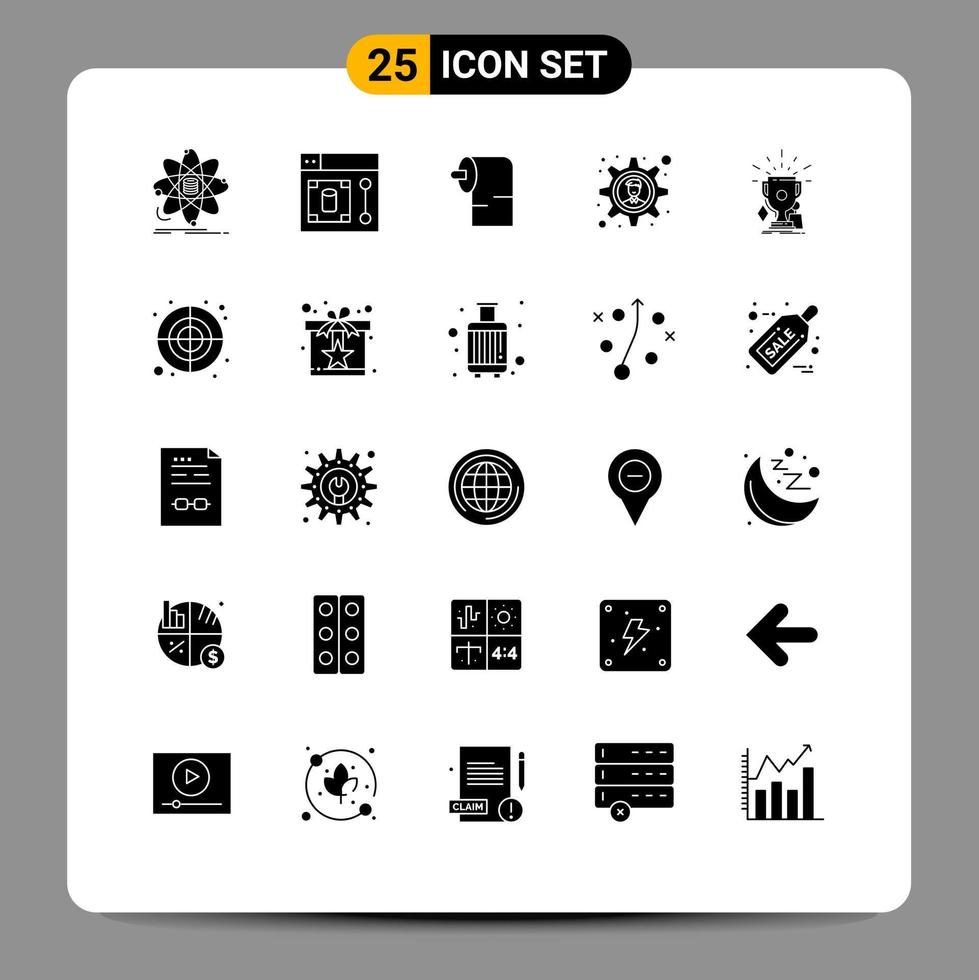 Set of 25 Vector Solid Glyphs on Grid for sport awards tool business solution brainstorming Editable Vector Design Elements