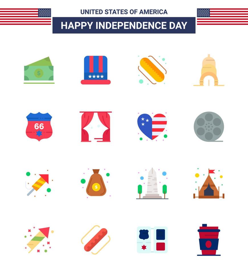 Happy Independence Day USA Pack of 16 Creative Flats of security shield american american building Editable USA Day Vector Design Elements