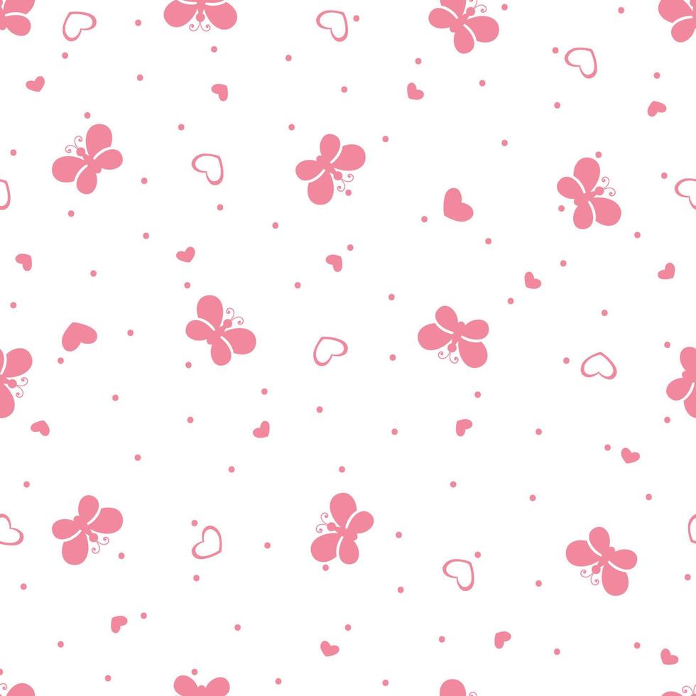 patrón sin costuras con mariposas y corazones de dibujos animados. estampado delicado en colores rosas vector