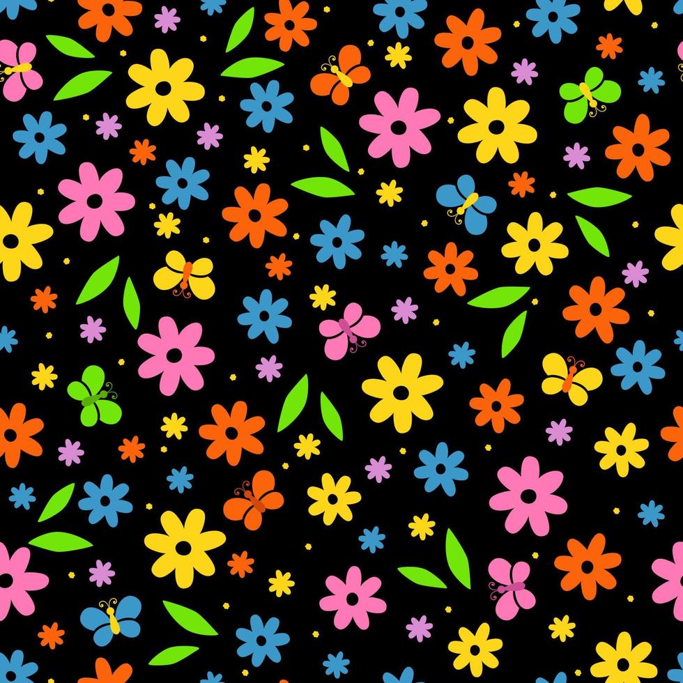 Cute pattern with simple flowers and butterflies. Seamless kids pattern vector