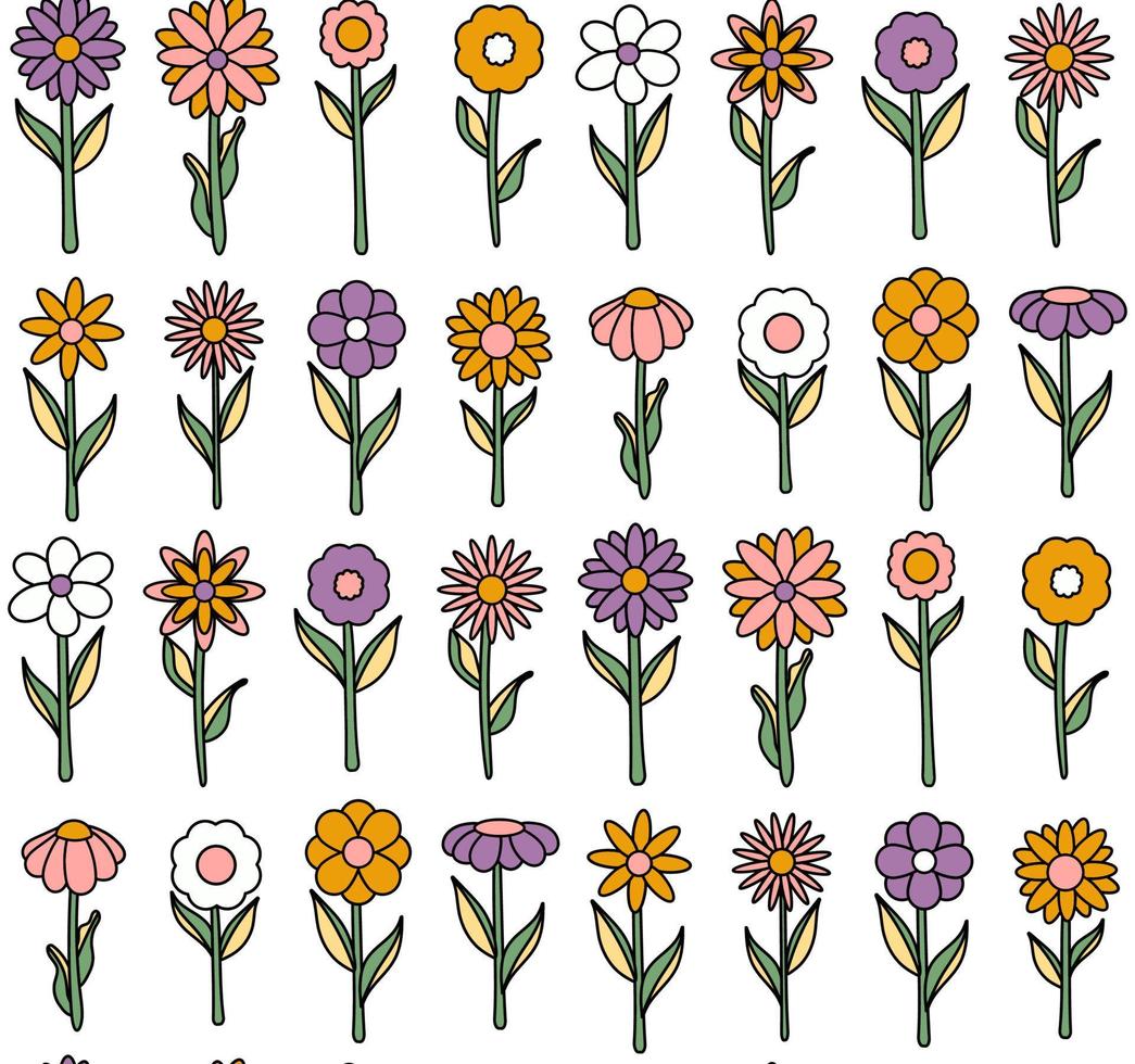 groovy background. Seamless bright repeat pattern of simple blooming flowers in 1970s psychedelic hippie style. graphic decor ornament in retro design. vector illustration