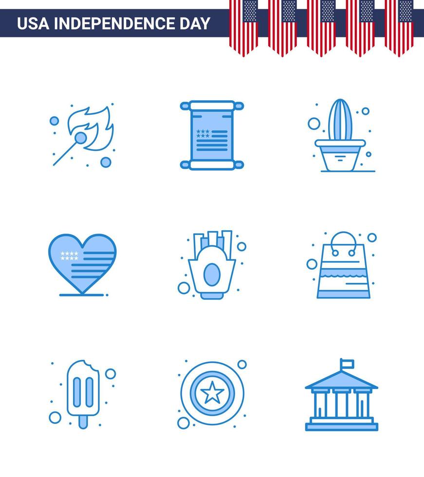 Modern Set of 9 Blues and symbols on USA Independence Day such as french fries flag cactus american heart Editable USA Day Vector Design Elements