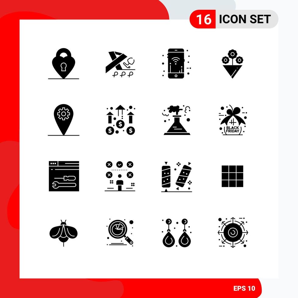 Group of 16 Modern Solid Glyphs Set for business location mobile signals geo gift Editable Vector Design Elements