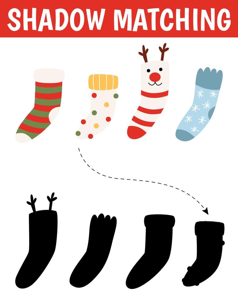 Christmas shadow matching activity for children. Winter puzzle with cute socks. New Year educational game for kids. Find the correct silhouette printable worksheet. Vector cartoon illustration.