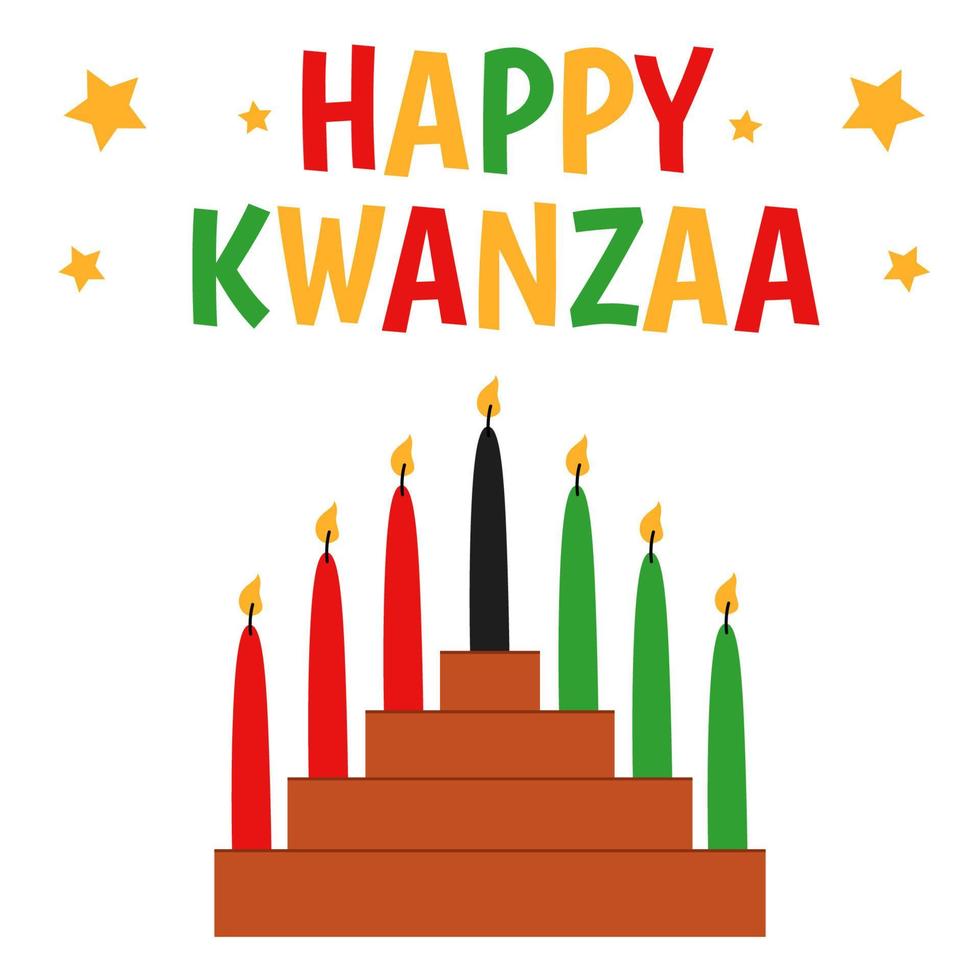 Seven candles in kinara. Vector cartoon illustration of Happy Kwanzaa. Holiday african symbols with lettering on white background.