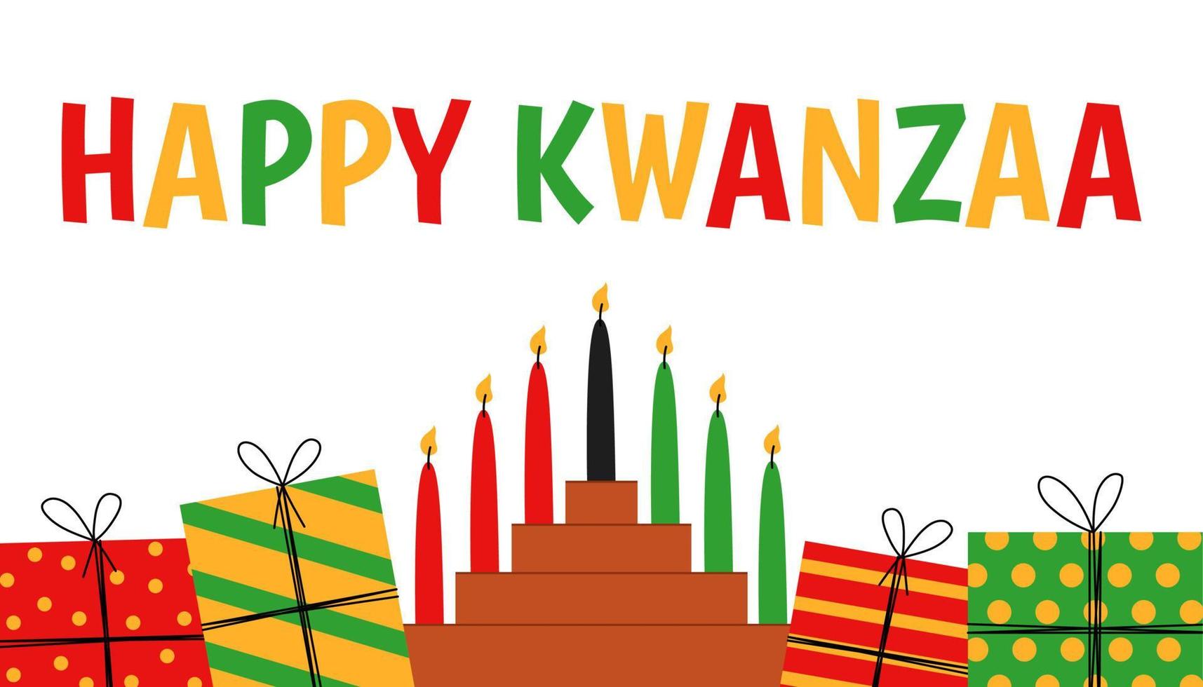 Seven candles in kinara and gift box. Happy Kwanzaa. Holiday african symbols with lettering on white background. Vector cartoon illustration for print.