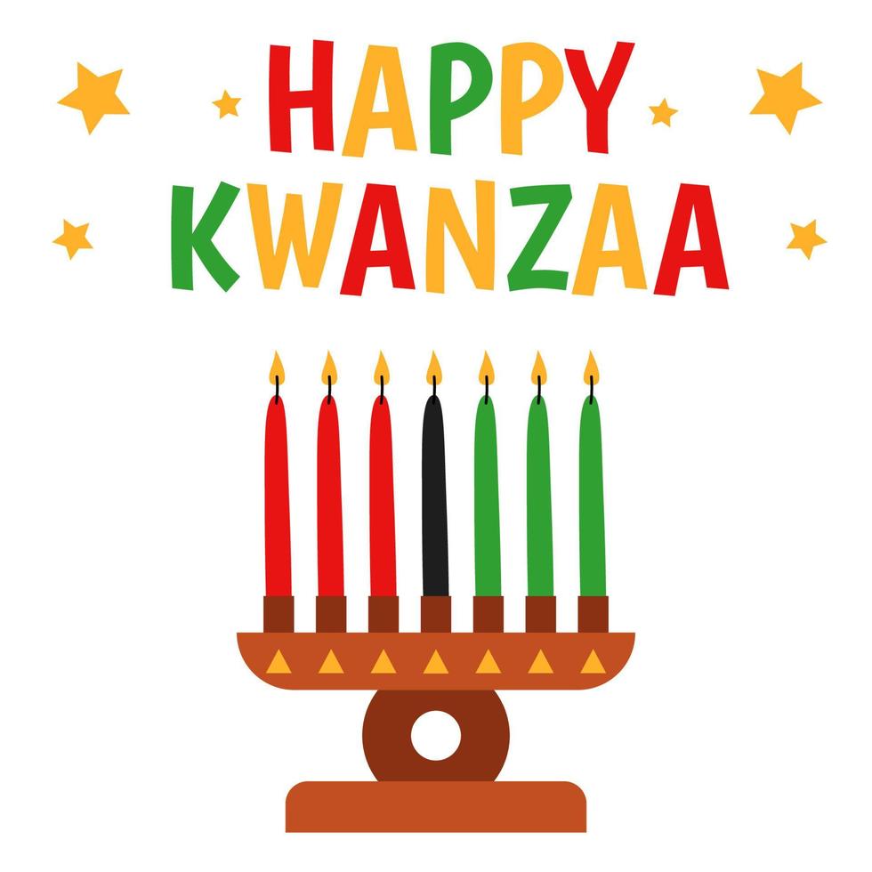 Seven candles in kinara. Vector cartoon illustration of Happy Kwanzaa. Holiday african symbols with lettering on white background.