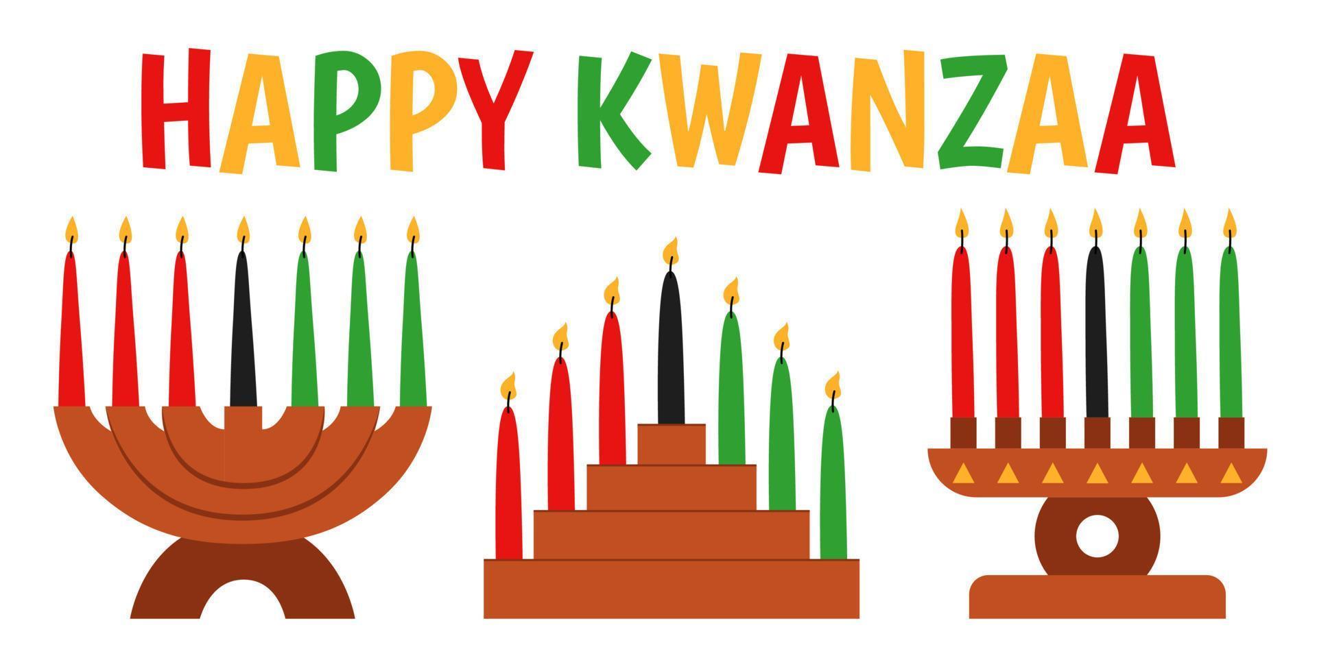 Seven candles in kinara. Vector cartoon illustration of Happy Kwanzaa. Holiday african symbols with lettering on white background.