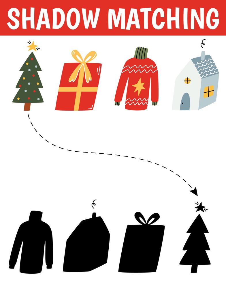 Christmas shadow matching activity for children. Winter puzzle with cute christmas objects. New Year educational game for kids. Find the correct silhouette printable worksheet. vector