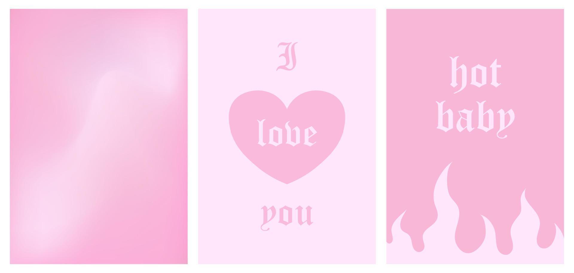 set of y2k style posters, 1990s 2000s nostalgia, fire, flame, heart, gradient background, trendy glamorous vector illustration