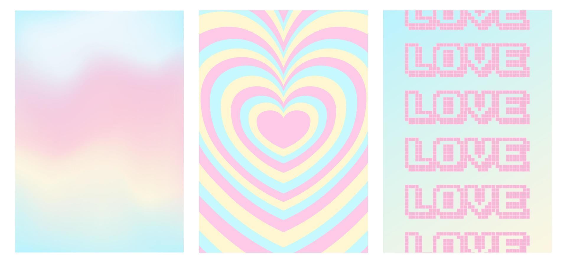 set of y2k style posters, 1990s 2000s nostalgia, heart, gradient background, trendy glamorous vector illustration, pastel candy colors