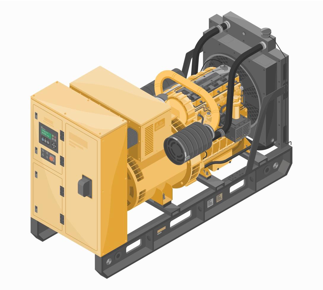 generadores de energía motor de grupo electrógeno diesel grande motor isométrico para equipos industriales y de construcción amarillo en blanco aislado vector