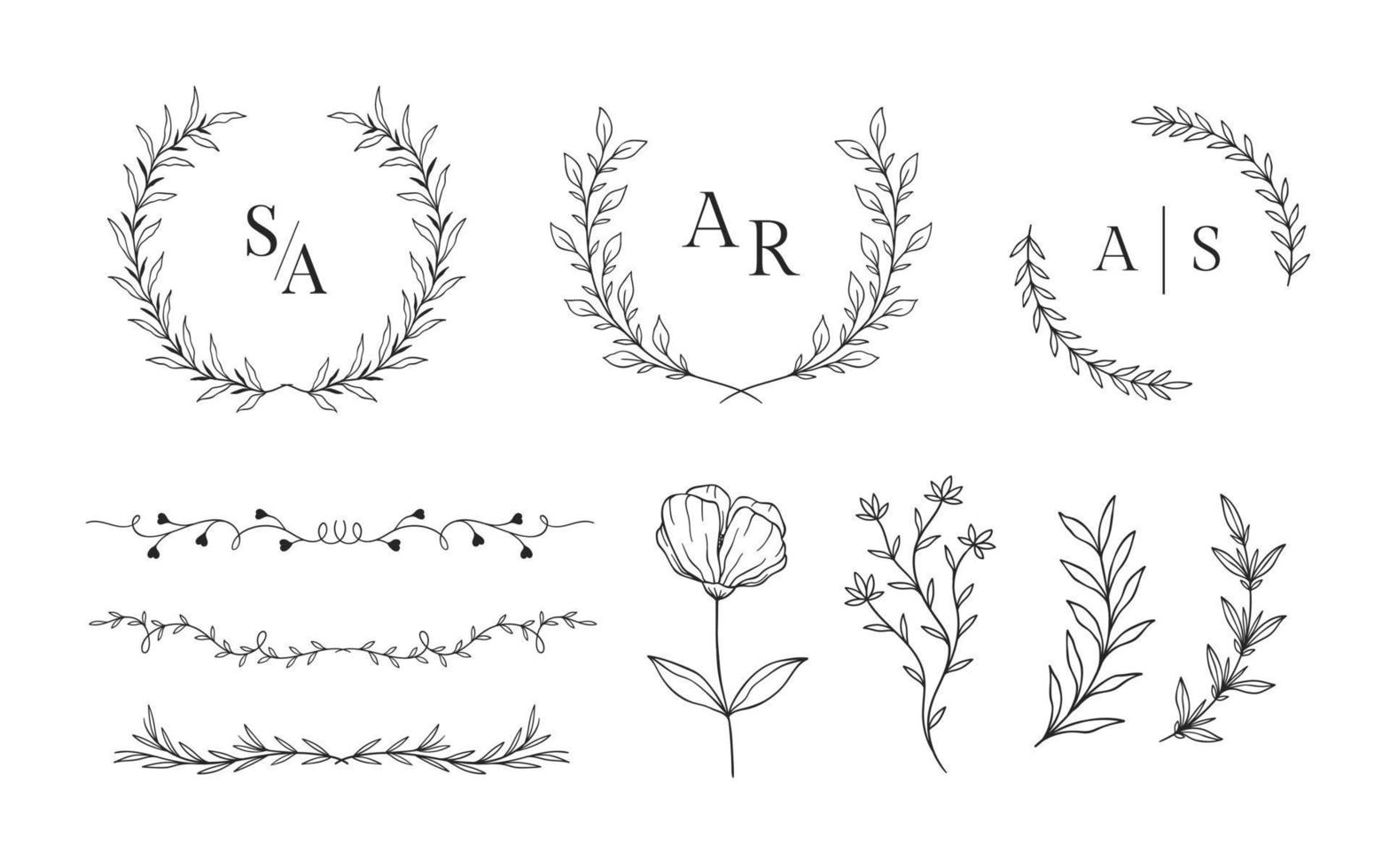 Set of hand drawn floral frames for wedding ornament or feminine beauty logo template vector