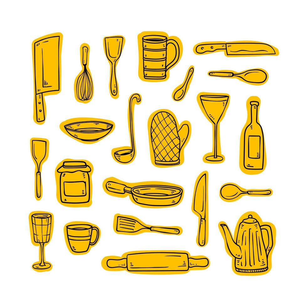 Hand drawn kitchen utensils icon set vector