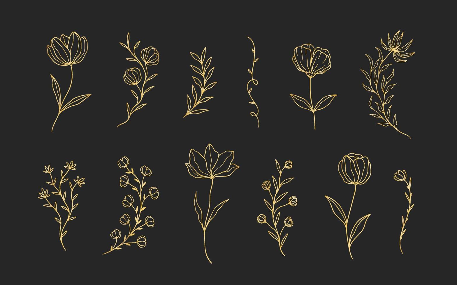 Set of hand drawn golden floral frames for wedding ornament or feminine beauty logo template vector