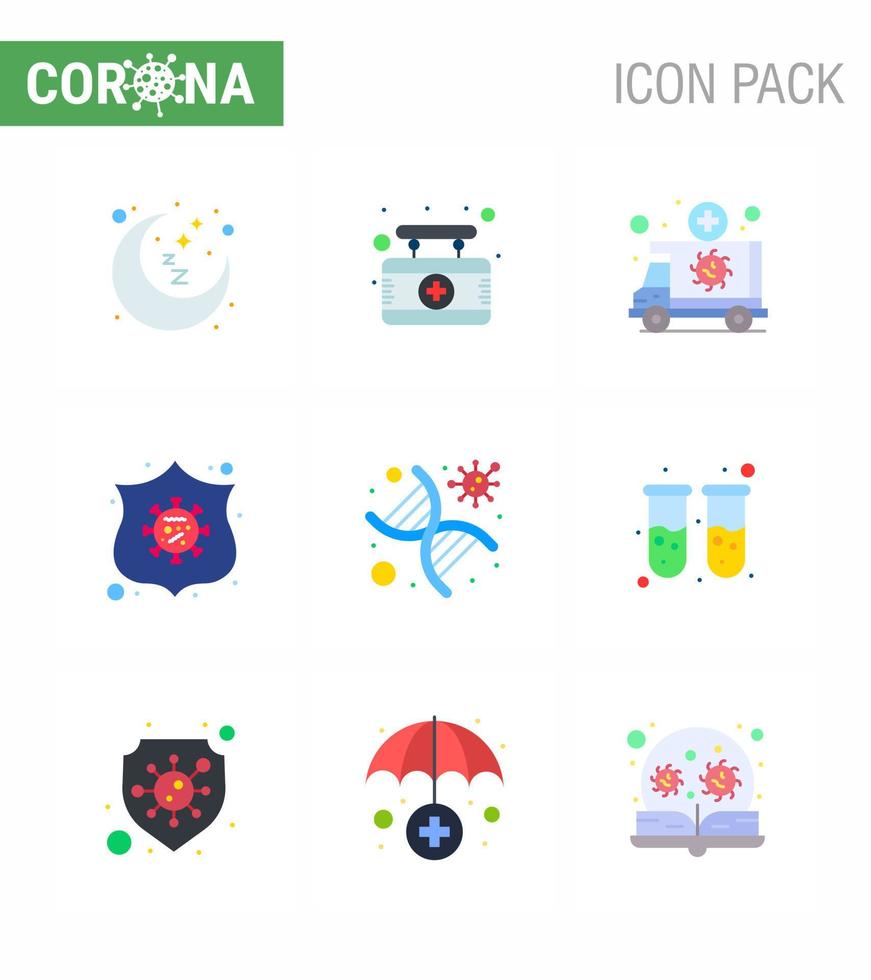 nuevo coronavirus 2019ncov 9 paquete de iconos de color plano escudo de adn ambulancia salvaguardar vehículo coronavirus viral 2019nov enfermedad vector elementos de diseño