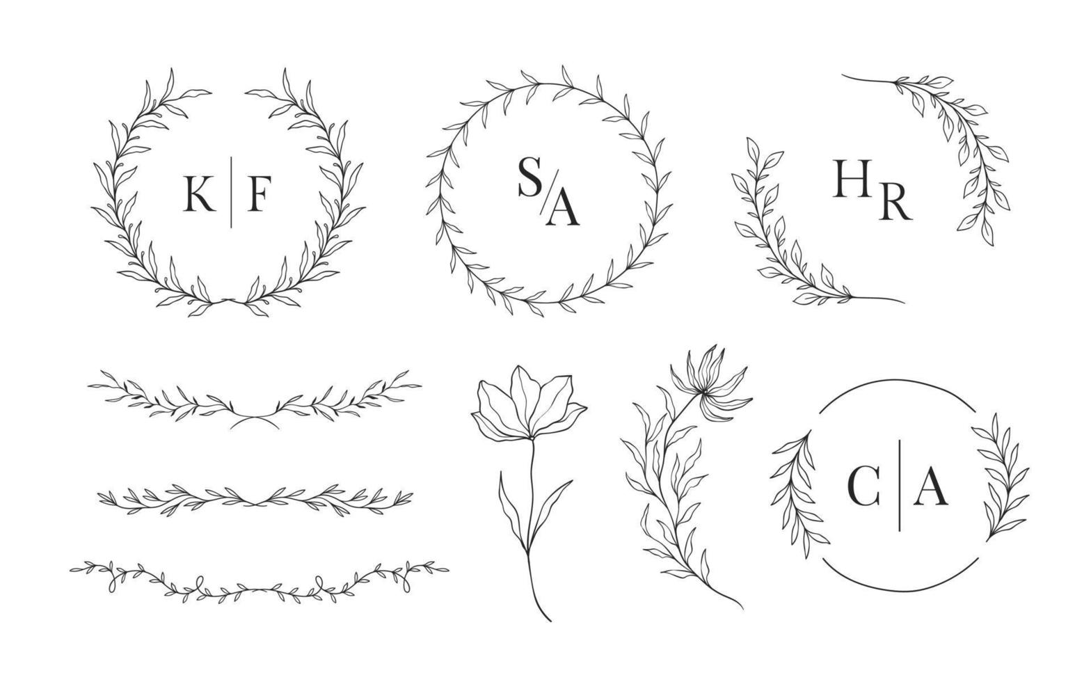 Set of hand drawn floral frames for wedding ornament or feminine beauty logo template vector