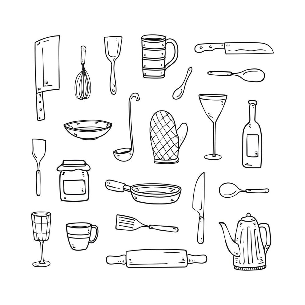 Hand drawn kitchen utensils icon set vector