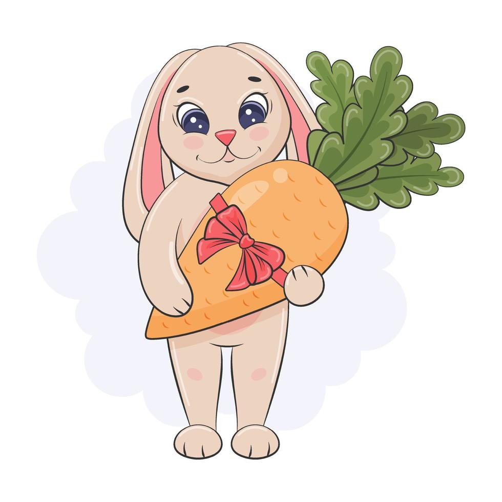 Cute rabbit with carrot, gift.  Symbol of new year 2023. Cartoon style. Postcard, poster for birthday, new year, christmas. Children vector illustration.