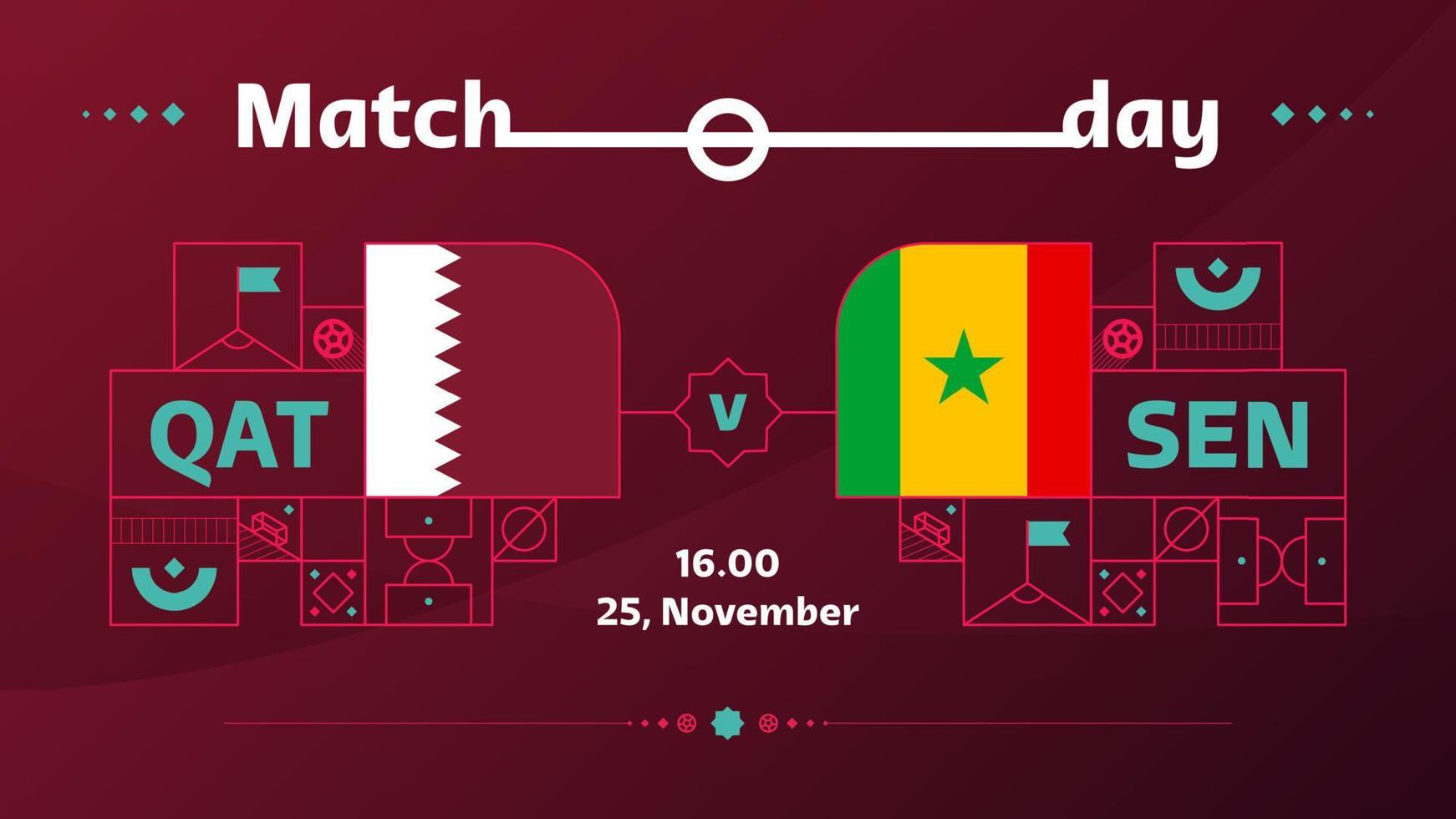 qatar senegal partido de fútbol 22. 22 competición mundial de fútbol partido de campeonato contra equipos introducción fondo deportivo, afiche de competición de campeonato, ilustración vectorial vector