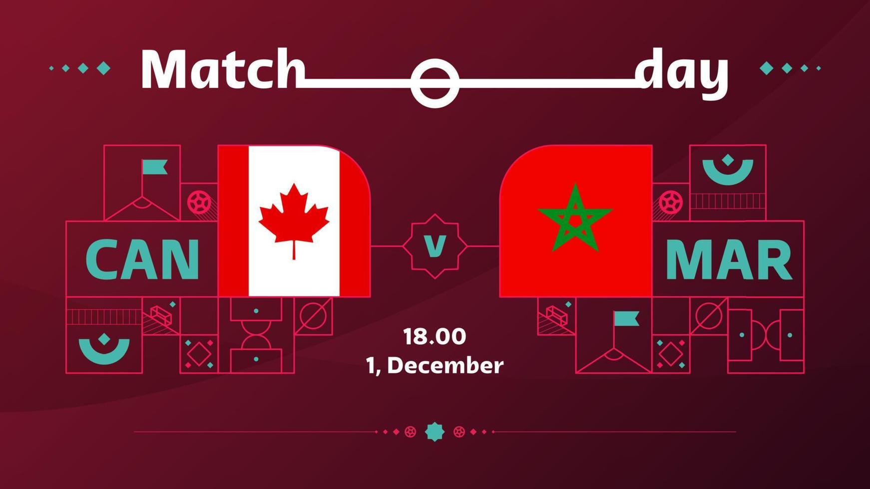 canadá marruecos partido de fútbol 2022. 2022 competición mundial de fútbol partido de campeonato versus equipos introducción fondo deportivo, afiche de competición de campeonato, ilustración vectorial vector