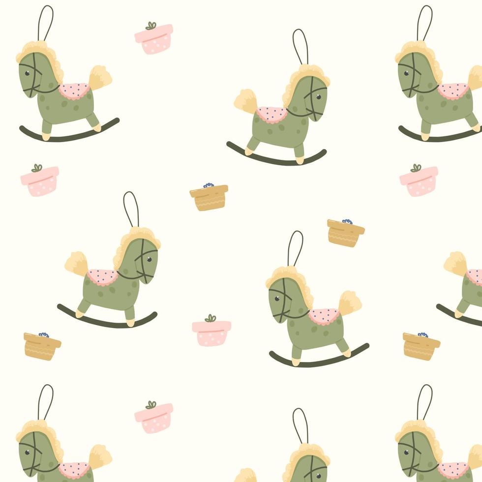 Christmas toys pattern. Baby horses and gifts on a pattern for fabrics, wrapping paper, packaging, textiles, wallpapers vector