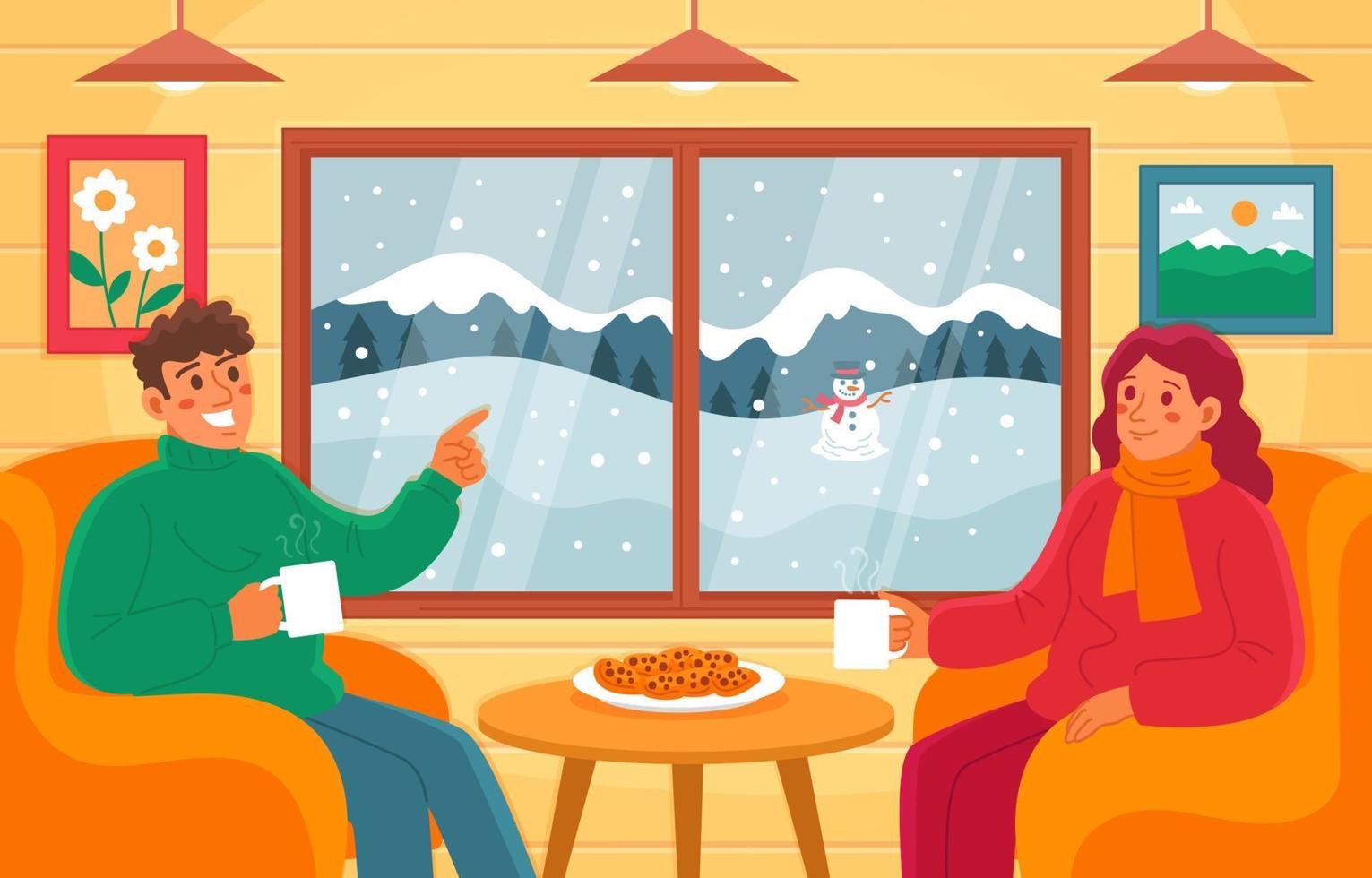 Couple Drinking Hot Coffee in Winter Indoor Activity Background vector