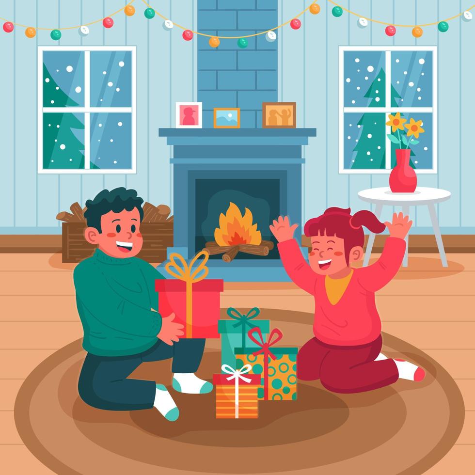 Children Opening Gifts in Winter Indoor Activity vector