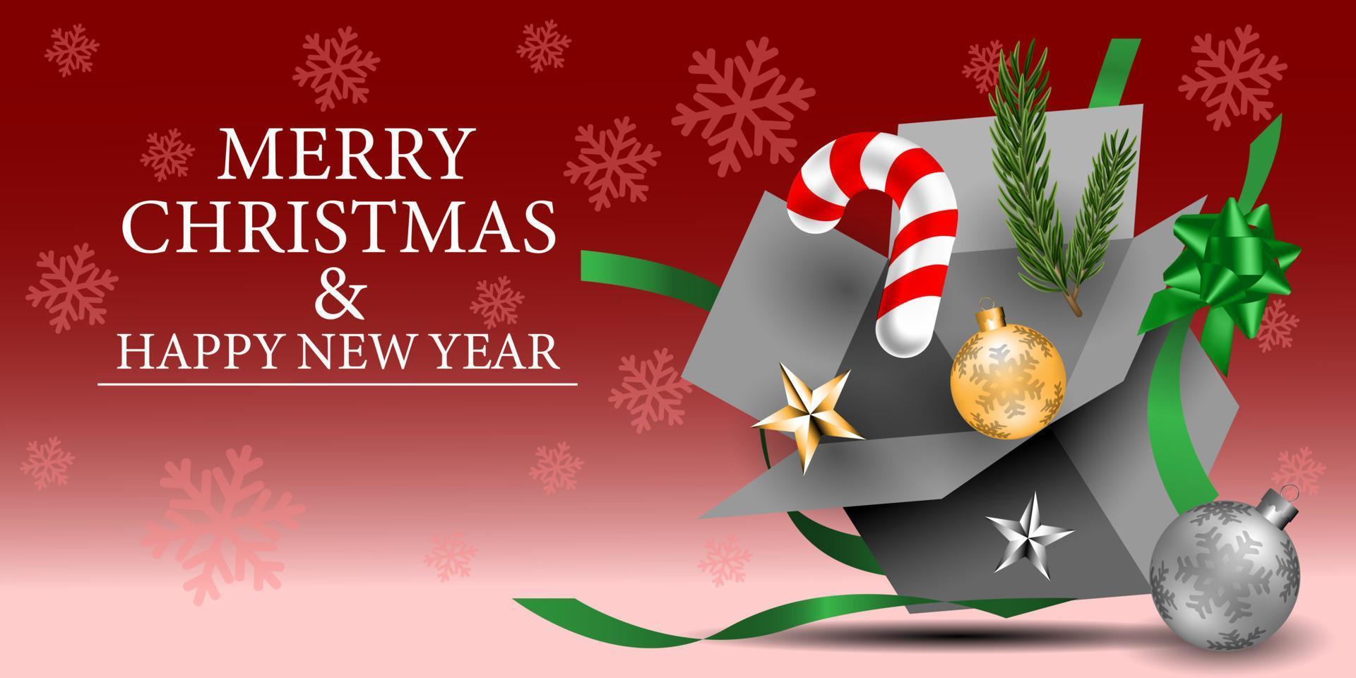 feliz navidad y feliz año nuevo caja de regalo gris cinta verde abierta en diseño de copo de nieve blanco rojo para celebración navideña festival vector de fondo