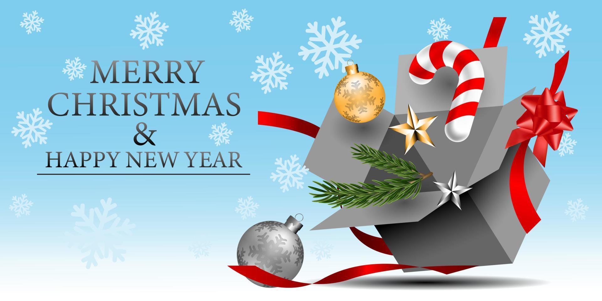 feliz navidad y feliz año nuevo caja de regalo gris cinta roja abierta en un diseño de copo de nieve blanco azul suave para la celebración navideña vector de fondo del festival