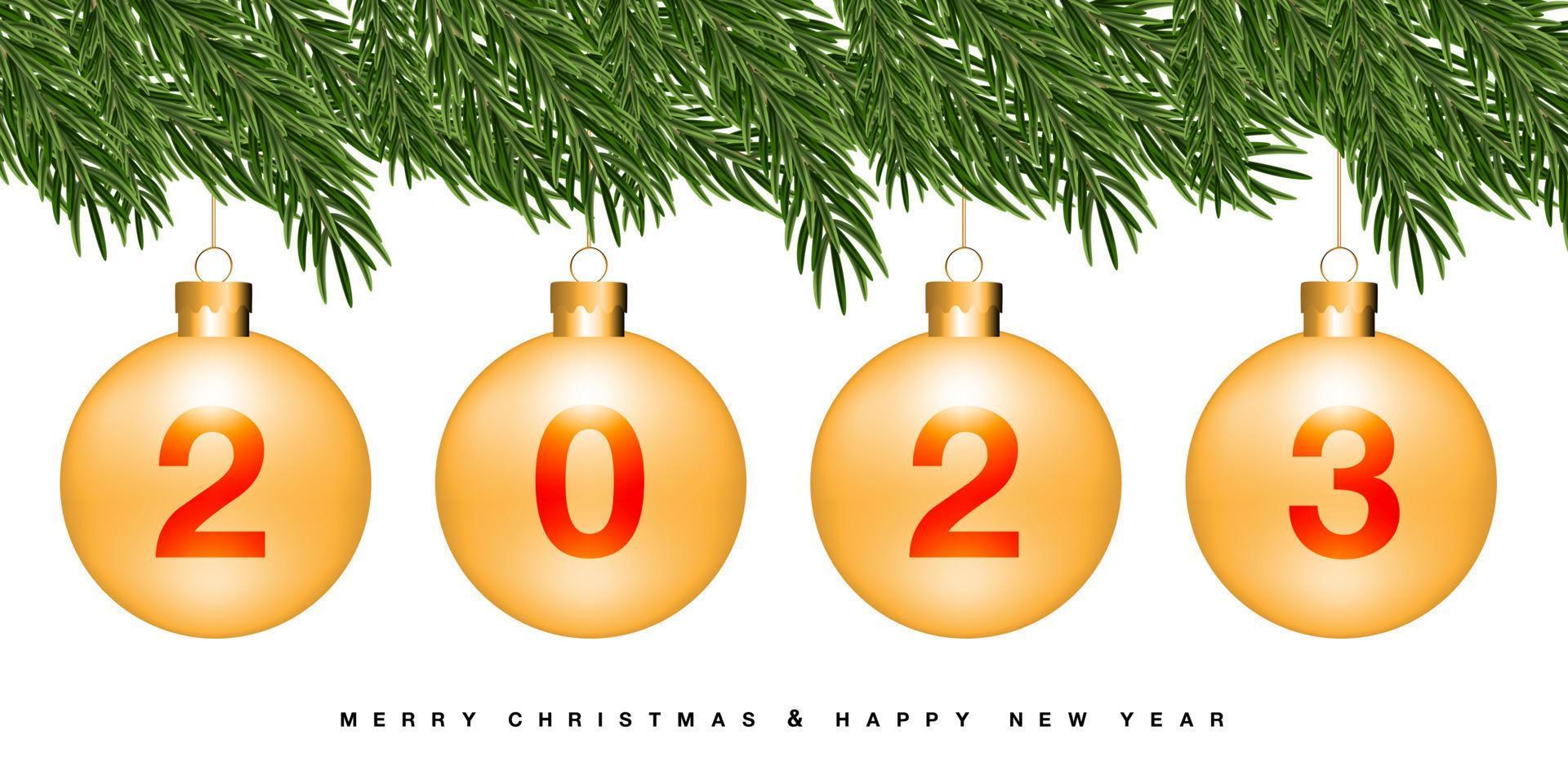 Merry Christmas and Happy New Year gold ball number green pine leaf on white background design for holiday festival celebration background vector