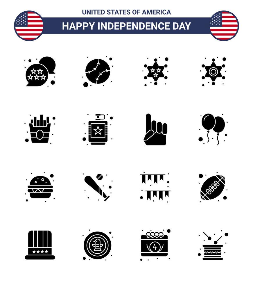 Group of 16 Solid Glyphs Set for Independence day of United States of America such as food police sign badge star men Editable USA Day Vector Design Elements