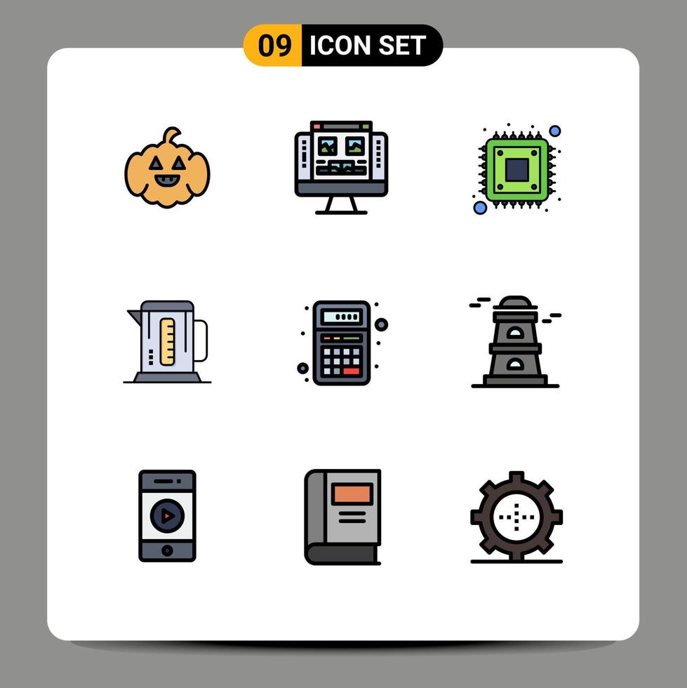 9 User Interface Filledline Flat Color Pack of modern Signs and Symbols of apps add cpu hotel coffee Editable Vector Design Elements