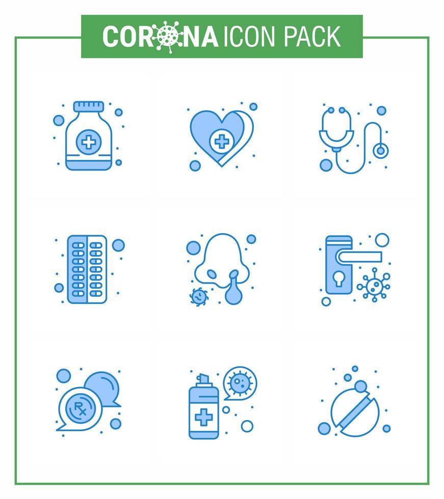 9 Blue Set of corona virus epidemic icons such as disease pill healthcare medical antivirus viral coronavirus 2019nov disease Vector Design Elements