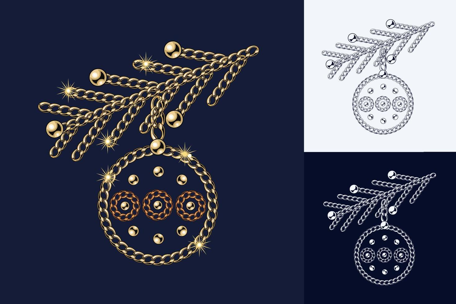 Christmas ball on tree branch made of jewelry gold chains, shiny ball beads Elegant jewelry illustration for winter sales, Xmas, new year holiday, gift decoration. Monochrome black and white version vector