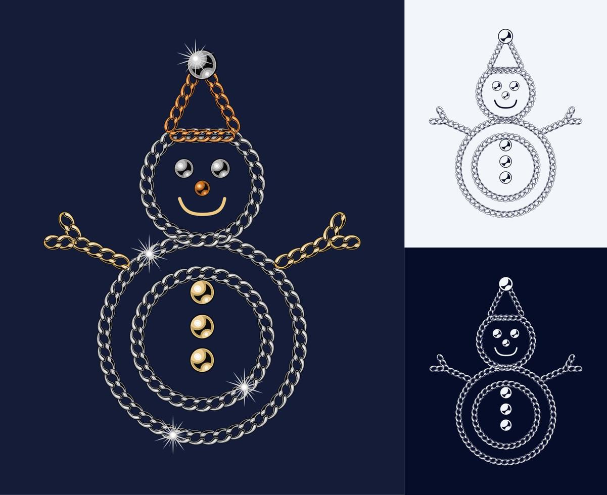Snowman icon made of jewekry silver, gold, bronze chains, shiny ball beads. Elegant illustration for winter sales, Xmas, new year holiday, gift decoration. Monochrome black and white version vector