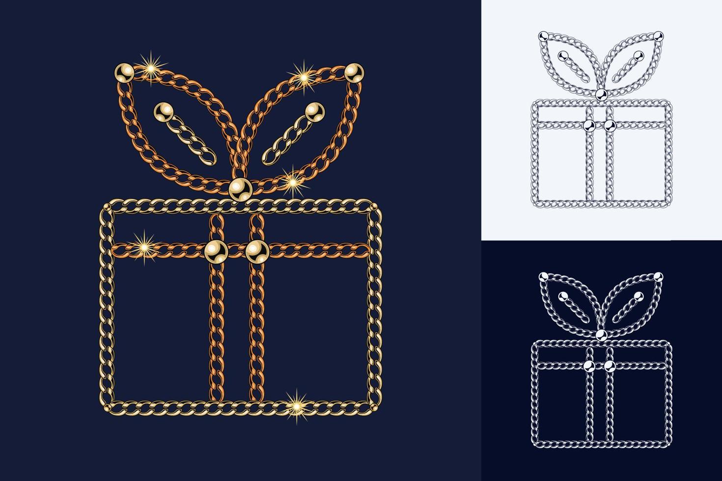 Fancy gift box made of jewelry gold, bronze chains, shiny ball beads. Elegant jewelry illustration for sales, christmas, new year holiday, party, birthday decoration Monochrome black and white version vector