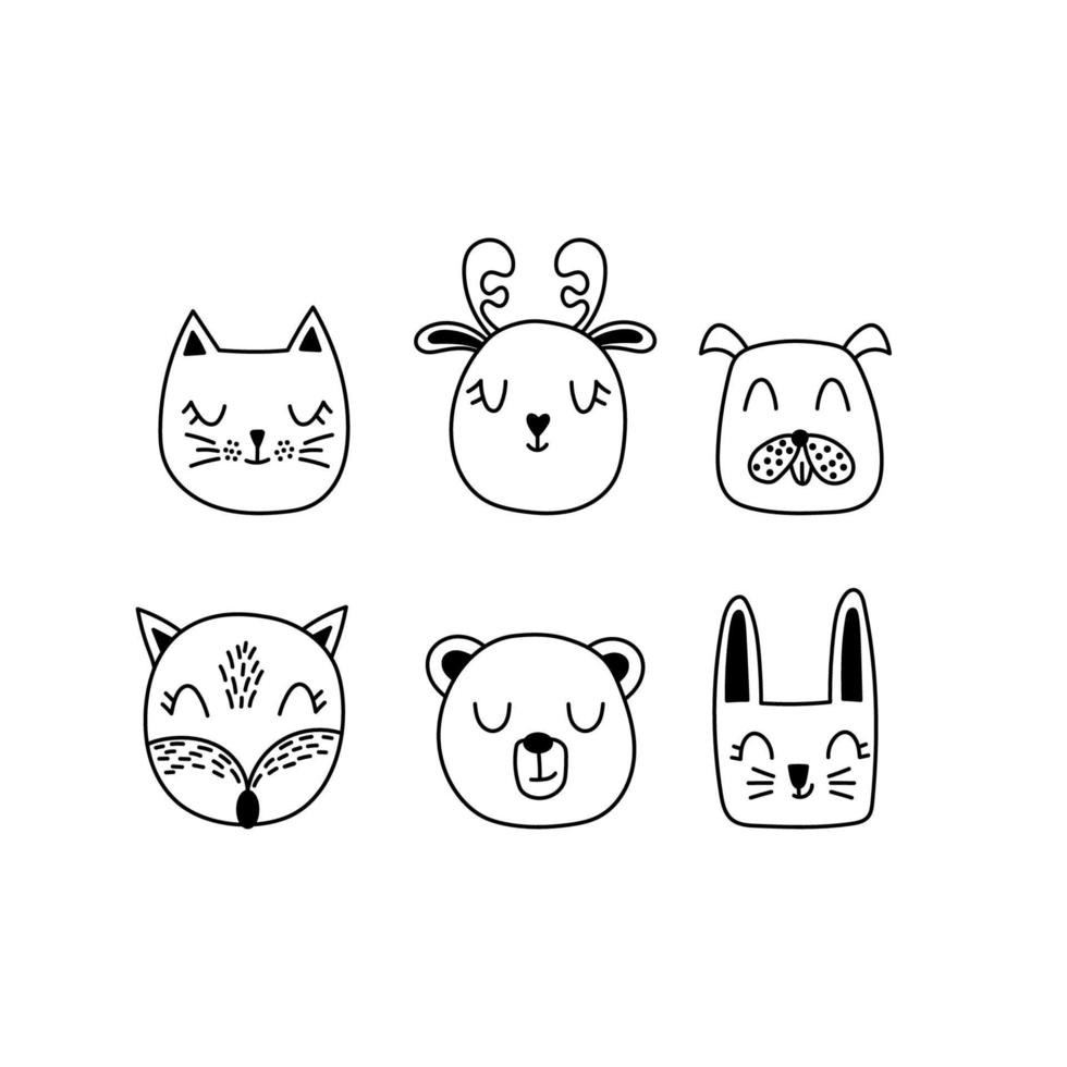 Set Doodle Animal. Cute Hand drawn animals. Muzzles of deer, hare, cat, dog, fox and bear. Vector black and white illustration