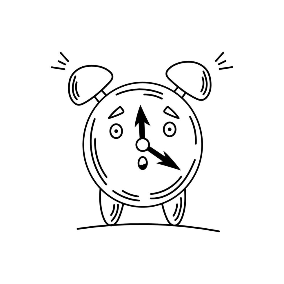 Alarm Clock Doodle. Silhouette of an alarm clock with emotions. Doodle clock vector illustration on white background