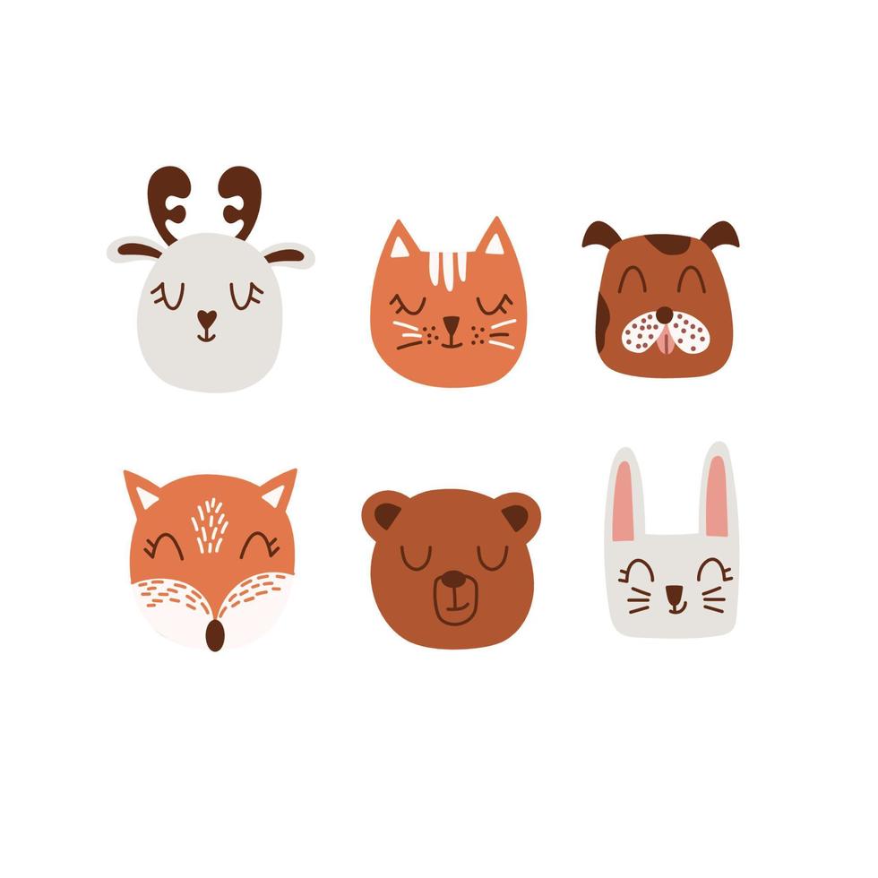 Cute Hand drawn animals. Set flat Animals. Muzzles of deer, hare, cat, dog, fox and bear. Vector black and white illustration