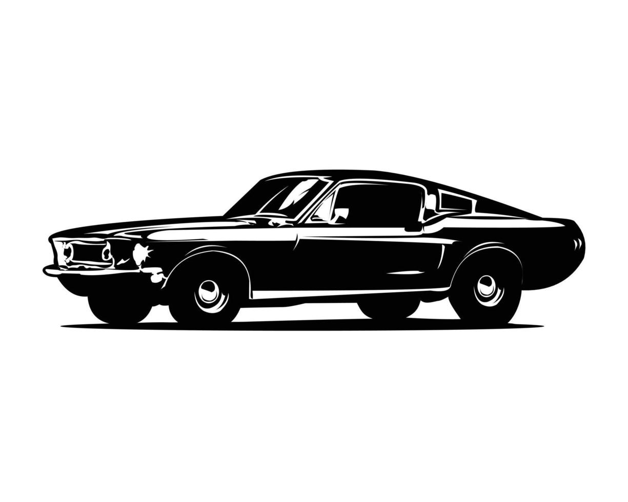 vieja ilustración vectorial aislada del muscle car americano que se muestra desde un lado. mejor para el diseño de insignias, iconos y pegatinas. vector